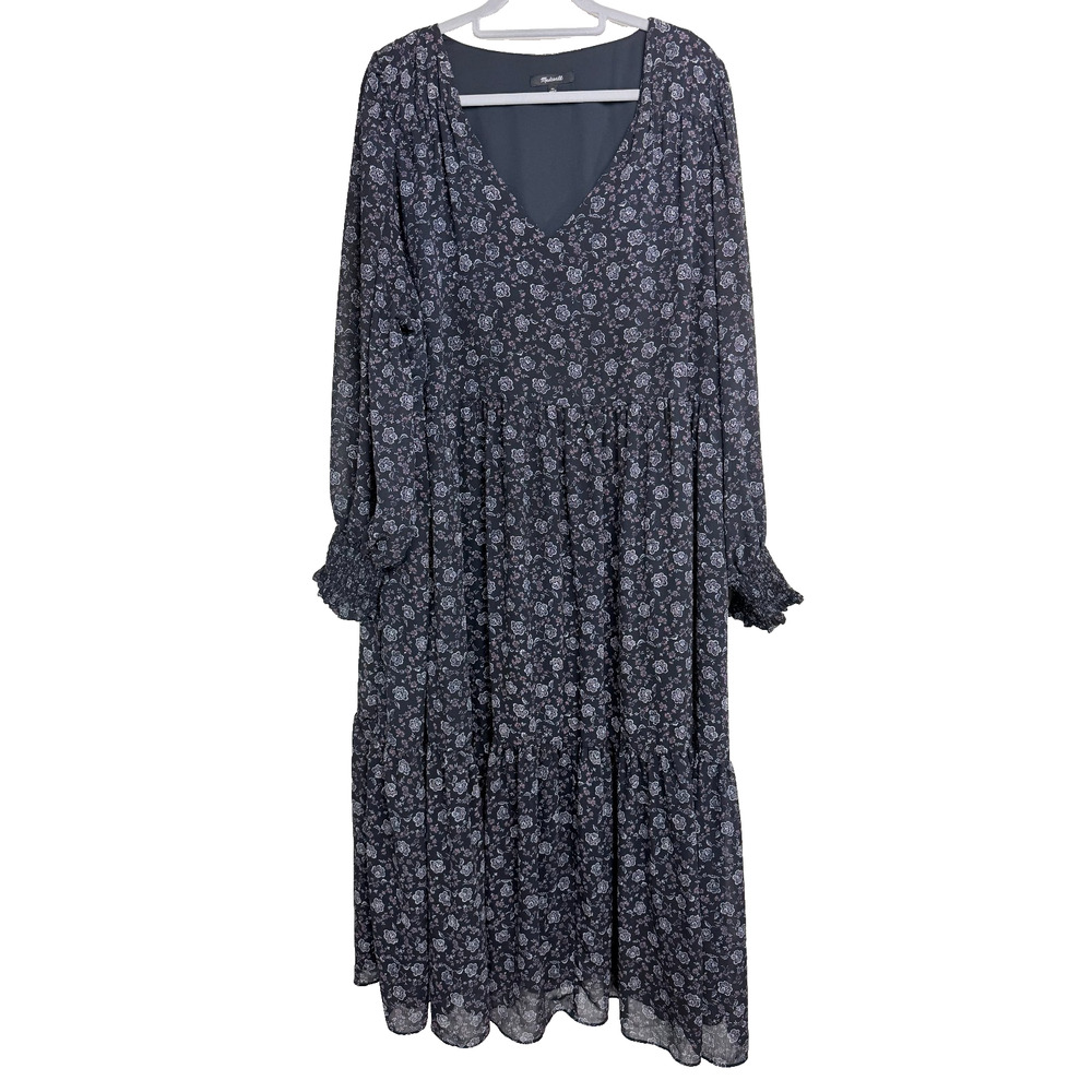 Madewell Floral Tiered Maxi Dress Size 3X Black Long Sleeve Smocked Cuff Lined